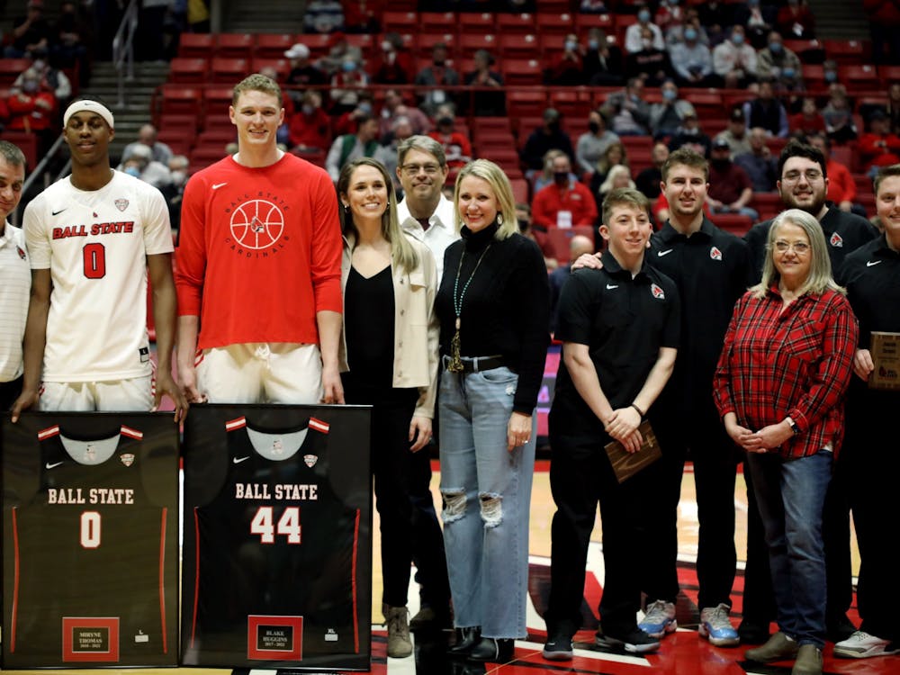 Ball State Men's Basketball celebrates their seniors before the game against Akron March 1 at Worthen Arena. Amber Pietz, DN