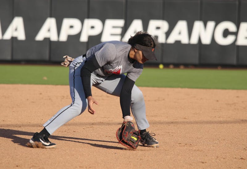 Redshirt junior utility player McKayla Timmons fields the ball Feb. 13 during a practice at the softball field at the First Merchants Ballpark Complex. Zach Carter, DN.