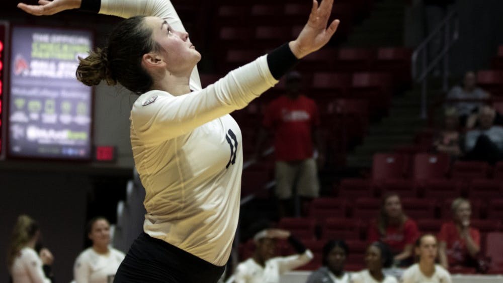 Senior setter Amber Seaman (11), serves the ball during the third match against Austin Peay on September 20, 2019, at Worthen Arena. Ball State went on to win 3-0. Jaden Whiteman, DN