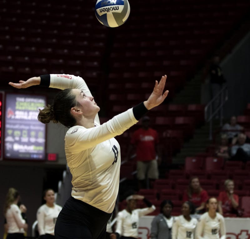 Senior setter Amber Seaman (11), serves the ball during the third match against Austin Peay on September 20, 2019, at Worthen Arena. Ball State went on to win 3-0. Jaden Whiteman, DN