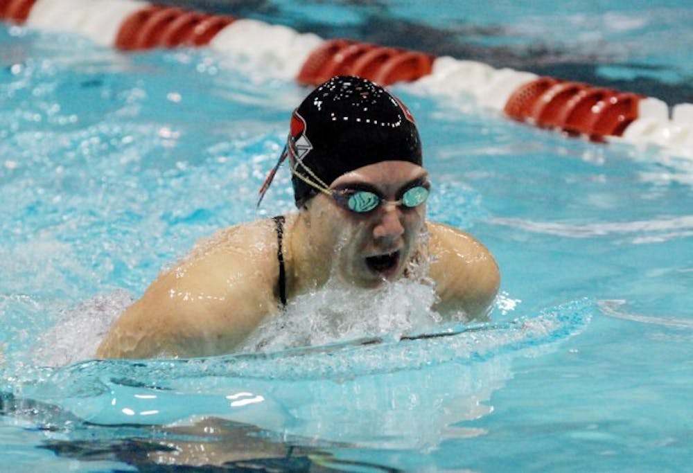 Freshman Bridgette Ruehl swims in the 300 breatstoke relay on Saturday, October 9 during the Ball State Relay Invitational. The Mid-American Conference Championships will be held on Wednesday. DN FILE PHOTO CATHERINE THOMPSON