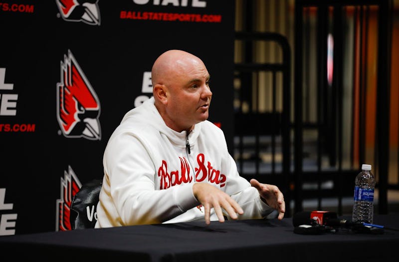 Ball State men's basketball head coach Michael Lewis answers reporters' questions about the upcoming season Sept. 26 at Worthen Arena. Ball State will begin its 24-25 season this November. Andrew Berger, DN 