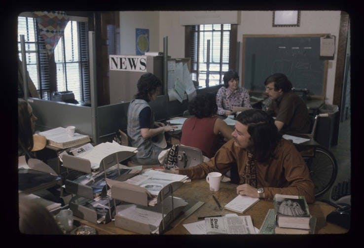 Former Daily News Editors work on the 50th anniversary issue in 1972. The Daily News celebrates its 100th anniversary March 30, 2022. Ball State Digital Media Repository, Photo Courtesy