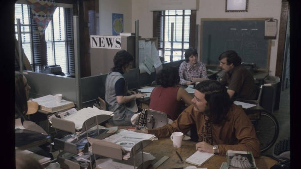 Former Daily News Editors work on the 50th anniversary issue in 1972. The Daily News celebrates its 100th anniversary March 30, 2022. Ball State Digital Media Repository, Photo Courtesy
