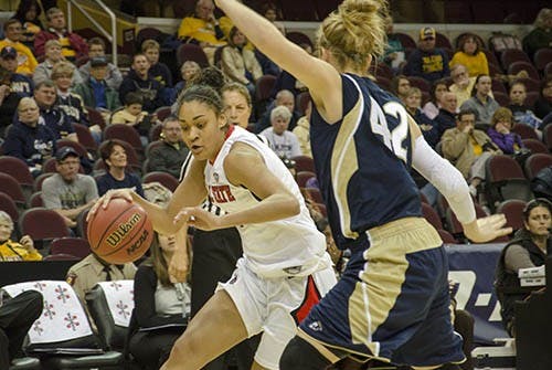 Nathalie Fontaine drives towards the paint in order to score for Ball State. The score at the half is 29-40. DN PHOTO COREY OHLENKAMP