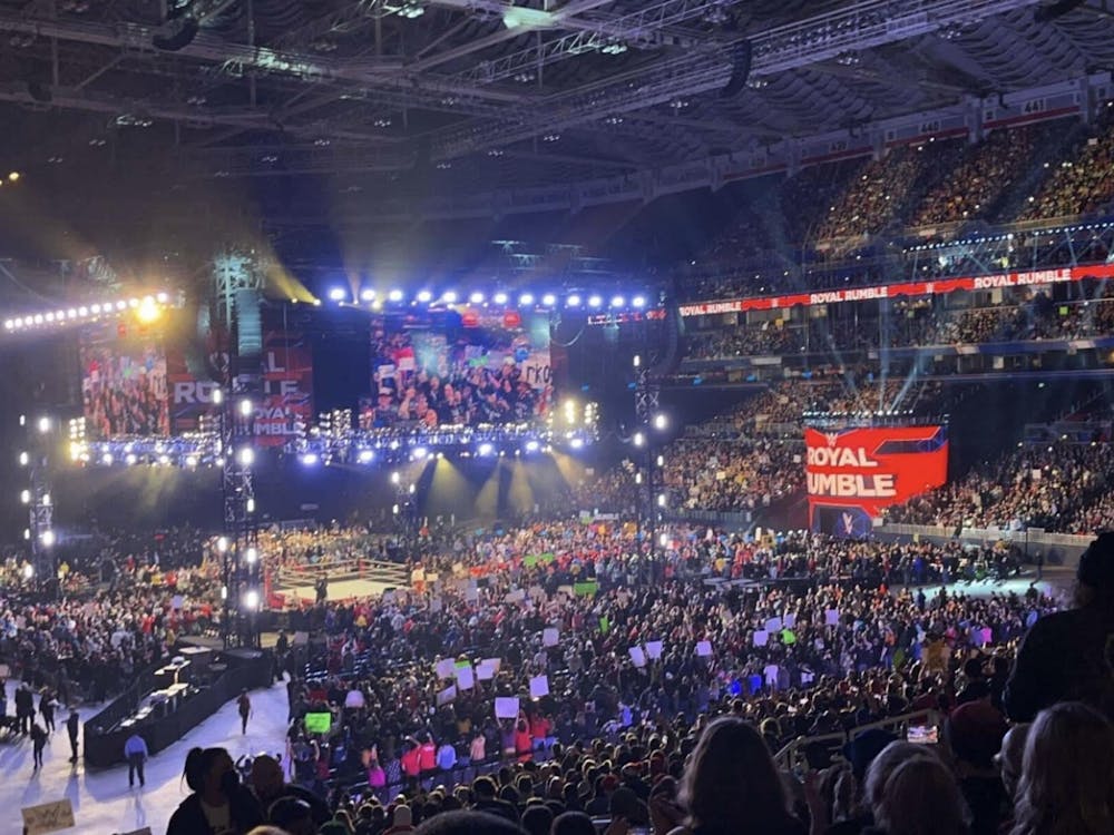A crowd of over 45,000 takes in the Royal Rumble 2022 at The Dome at America’s Center in St. Louis, MO. This was WWE’s most recent pay-per-view event. Kyle Smedley, DN