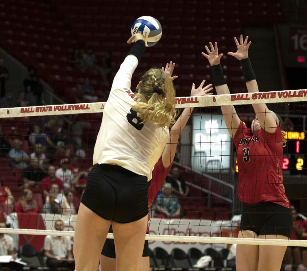 Ball State Women’s Volleyball player, Allison Hamaker (8), spikes the ball during the third match against Austin Peay on September 20th, 2019. Ball State won 3-0. Jaden Whiteman/DN