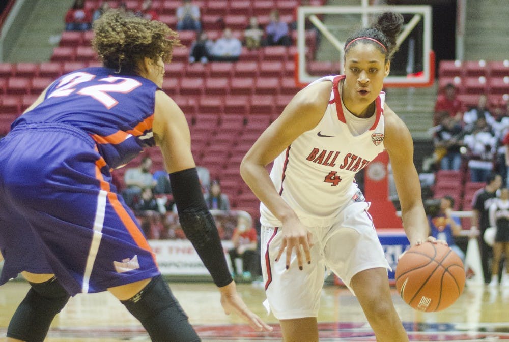 Junior guard Nathalie Fontaine tries to drive the ball during the game against Evansville on Nov. 19 at Worthen Arena. DN PHOTO BREANNA DAUGHERTY