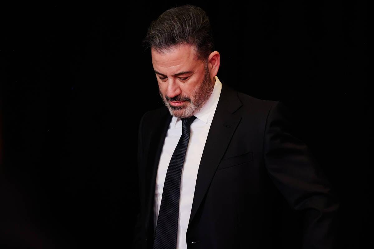 Jimmy Kimmel readies himself to walk the red carpet at the Power of Love gala at the MGM Grand Garden Arena Saturday, Feb. 22, 2025, in Las Vegas. (Madeline Carter/Las Vegas Review-Journal)
