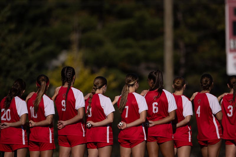 Ball State girls soccer team stands for the national anthem before playing Northern Illinois Oct 24 at Briner Sports complex. the Cardinals lost 3-1. Titus Slaughter, DN