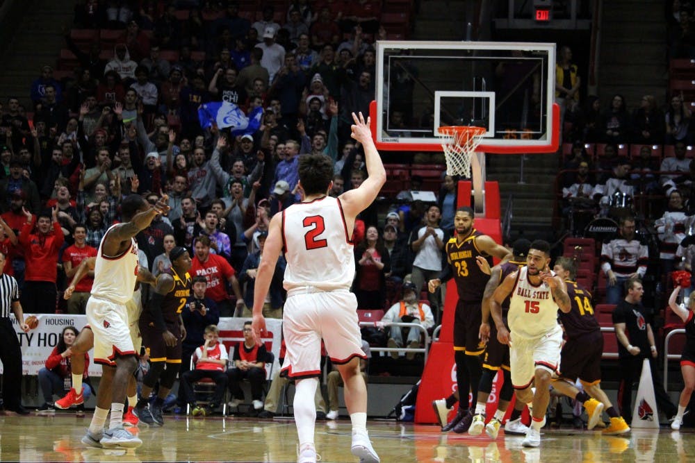 Tayler Persons celebrates scoring a 3-pointer in the game against Central Michigan in Worthen Arena on Jan. 17. Alicia M. Barnachea // DN. 