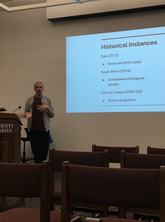 A small group of students met on Feb. 24 in Bracken Library to discuss xenophobia with Seth Kaempfer, a graduate assistant in the Multicultural Center. Xenophobia is the fear of foreigners. DN PHOTO MICHELLE KAUFMAN