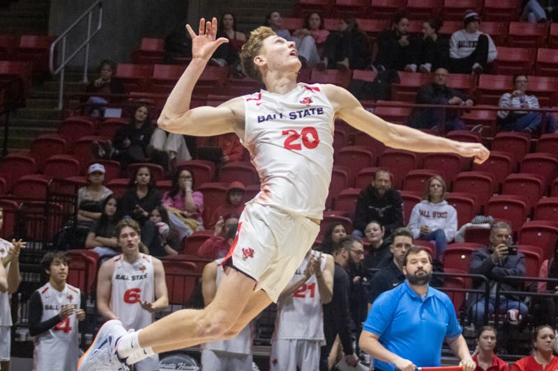 Junior outside hitter Patrick Rodgers spikes the ball against Lewis Feb. 13th at Worthen Arena. Rodgers earned All-MIVA First Team honors in 2024. Jayce Blane, DN