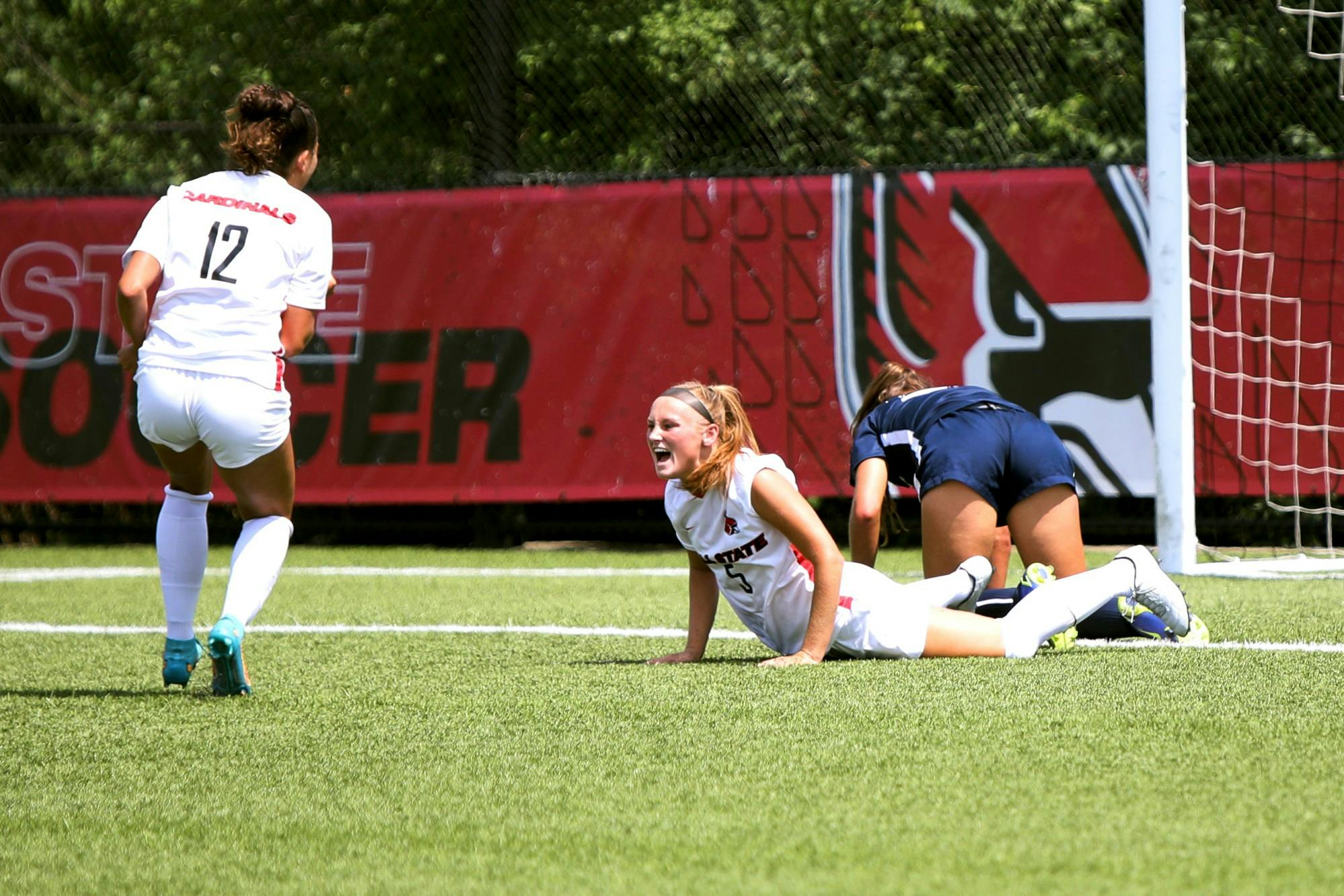 Junior midfielder Avery Fenchel celebrates scoring a goal in a game against Xavier Aug. 28 at Briner Sports Complex. Fenchel scored the goal in the first half of the game. Amber Pietz, DN