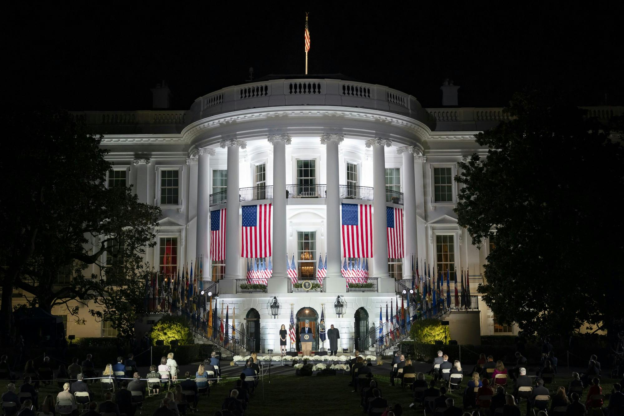 President Donald Trump delivers remarks during the swearing-in ceremony for Amy Coney Barrett as Associate Justice of the U.S. Supreme Court Monday, Oct. 26, 2020, on the South Lawn of the White House. Joyce N. Boghosian, White House Photo Courtesy