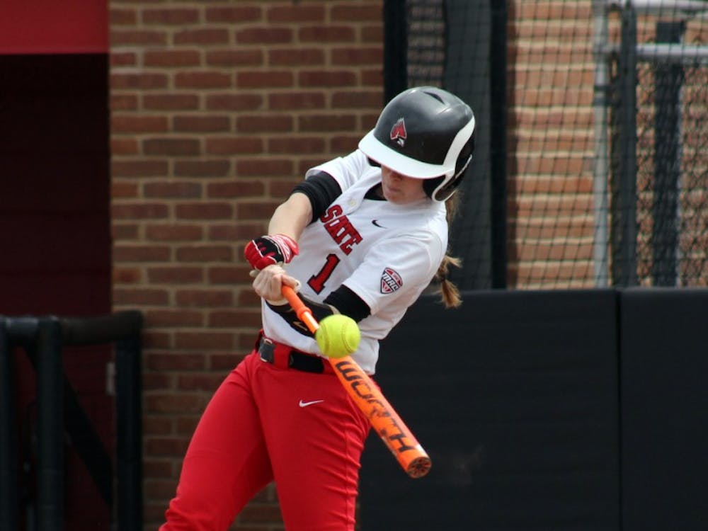 Sophomore catcher Leigh McAnally attempts to hit the ball in the game against Central Michigan on Friday, April 22, 2016 at the Varsity Softball Complex. DN PHOTO ALLYE CLAYTON