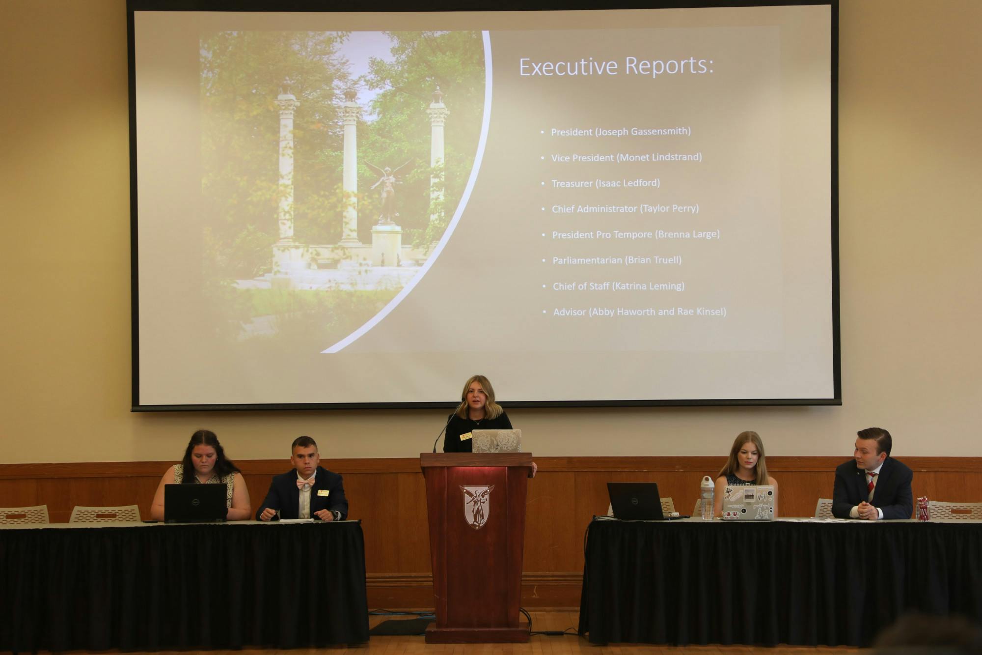 Student Government Association (SGA) Vice President Monet Lindstrand gives her executive report in the L.A. Pittenger Student Center Ballroom on Aug30. This was the first SGA meeting of the fall semester. Madelyn Bracken, DN