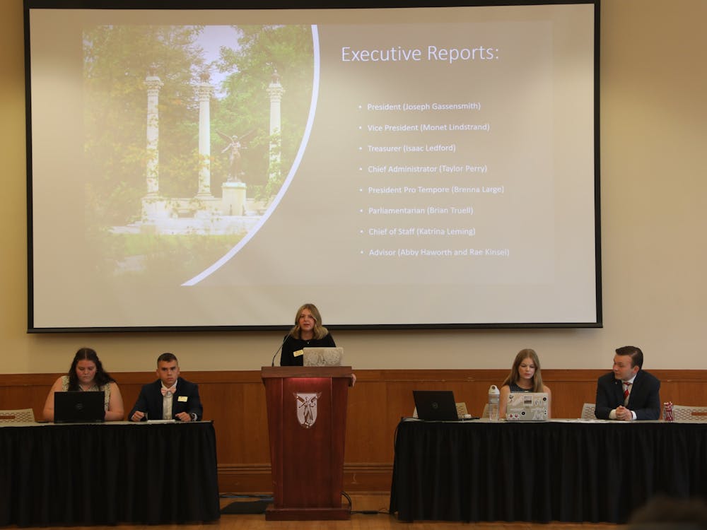Student Government Association (SGA) Vice President Monet Lindstrand gives her executive report in the L.A. Pittenger Student Center Ballroom on Aug30. This was the first SGA meeting of the fall semester. Madelyn Bracken, DN