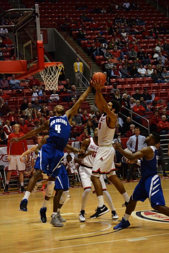 Freshman&nbsp;Trey Moses attempts to make a layup during the game against New Orleans on Dec. 5 Worthen  Arena. DN PHOTO KORINA VALENZUELA