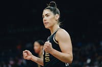 Las Vegas Aces&apos; guard Kelsey Plum (10) reacts after a referee calls a foul on a Chicago Sky player during a game on Sunday, June 11, 2023, at Michelob ULTRA Arena in Las Vegas. (Madeline Carter/Las Vegas Review-Journal/TNS)