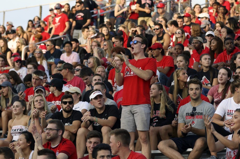 A member of the student section cheers after redshirt junior quarterback Riley Neal gets a first down during Ball State's game against Central Connecticut State Thursday, Aug. 31, 2018 at Scheumann Stadium. Neal had 37 rushing yards. Paige Grider, DN