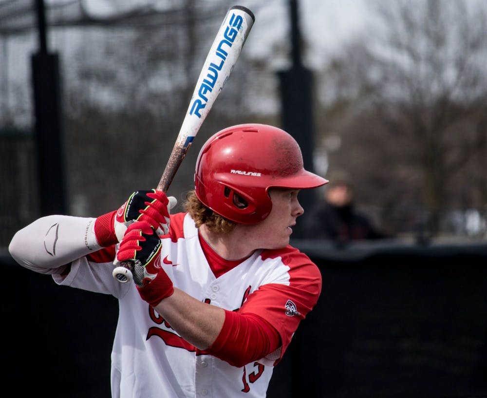 <p>Redshirt junior Griffin Hulecki bats on March 16 in the Cardinals’ home game against Dayton at First Merchants Ballpark Complex. Hulecki had 1 RBI during the game. <strong>Rebecca Slezak, DN</strong></p>