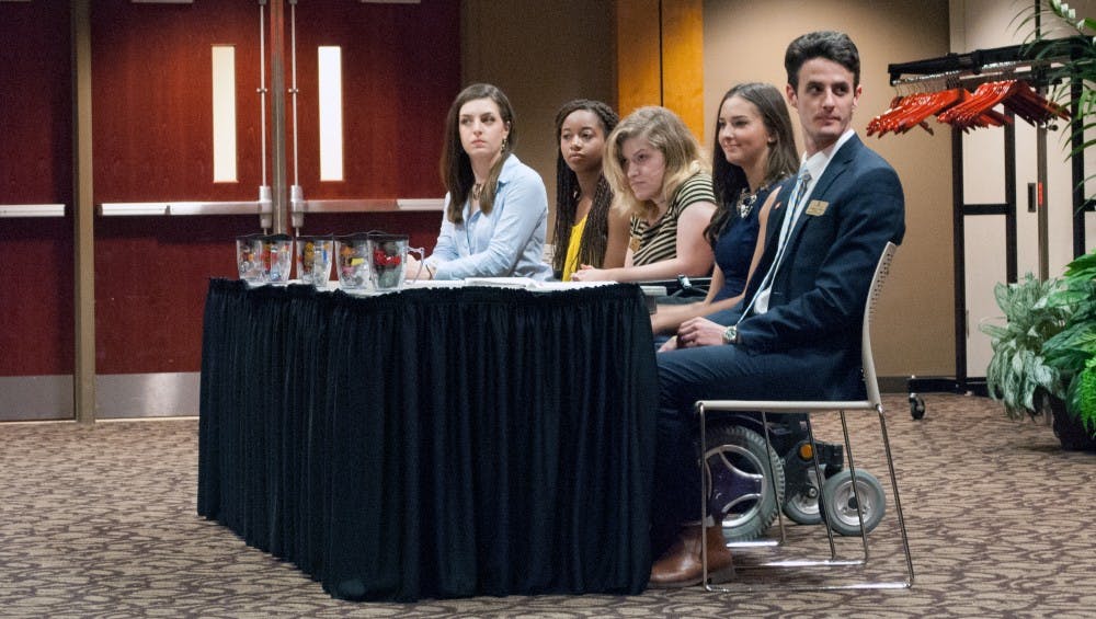 The new SGA senators were sworn in on April 19.&nbsp;The members of next year's SGA executive branch are president Greg Carbó, vice president&nbsp;Katy Volikas, secretary Lizzie Ford, treasurer Kaia Thompson and president pro-tempore Zoe Taylor. Sara Barker // DN&nbsp;