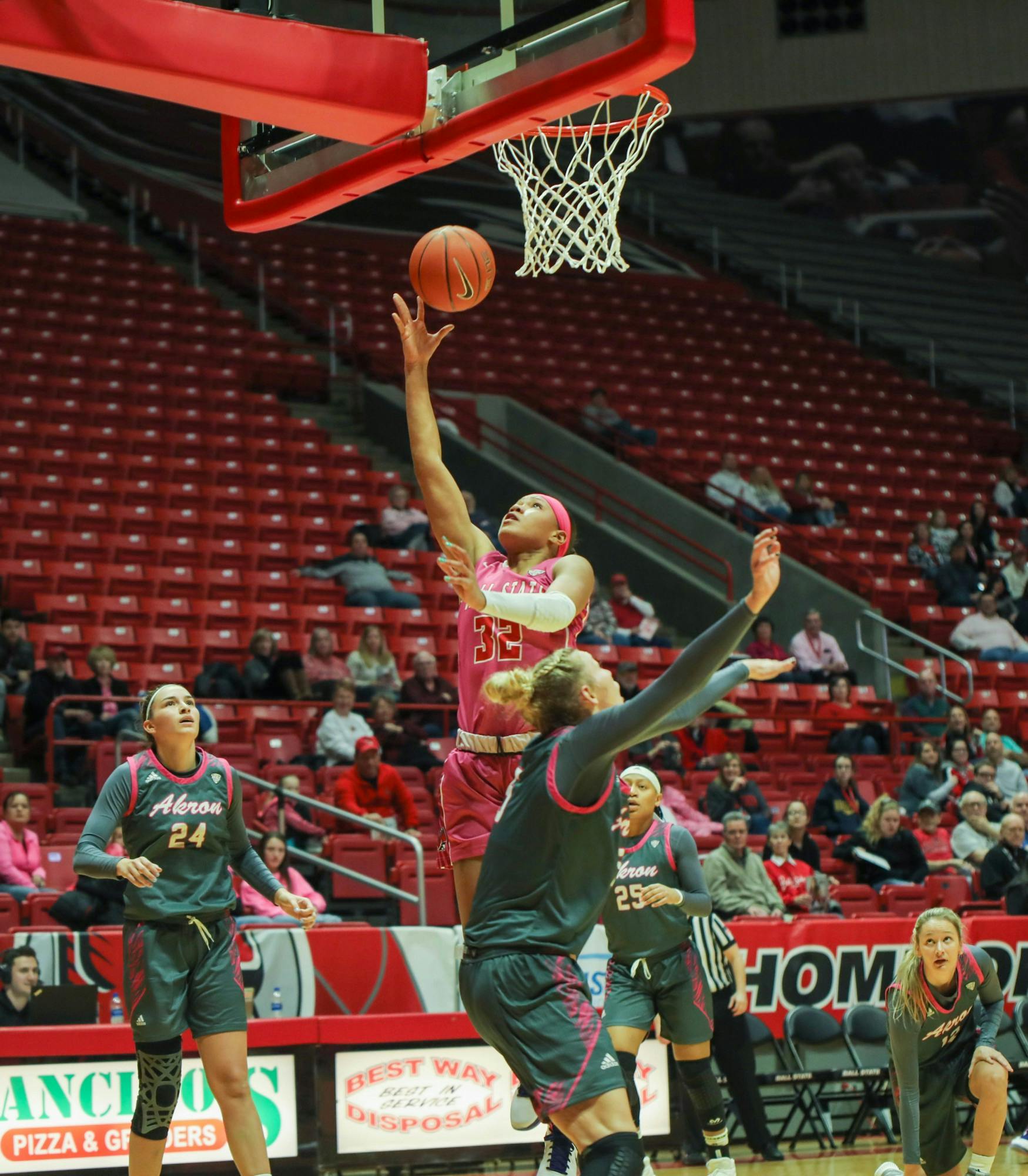 Junior forward forward Oshlynn Brown does a layup Feb. 8, 2020, at John E. Worthen arena. Brown scored seven points against the Akron Zips. Jaden Whiteman, DN