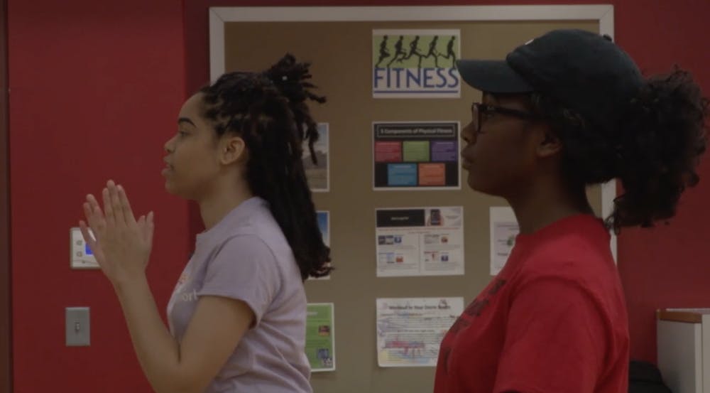 <p>Members of the RedPrint Step Team practice together. The group practices on Sundays and Thursdays for two to three hours in the Jo Ann Gora Student Recreation and Wellness Center. <strong>Mary Freda and Paige Grider, DN</strong></p>