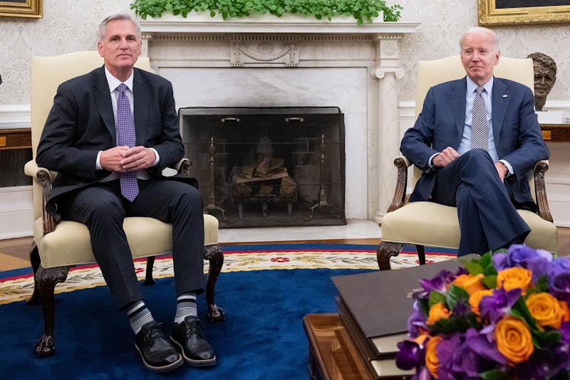 US President Joe Biden meets with US House Speaker Kevin McCarthy (R-CA) (left) about the debt ceiling, in the Oval Office of the White House in Washington, DC, on May 22, 2023. US President Joe Biden said he was "optimistic" as he met Monday with top Republican Kevin McCarthy for their first one-on-one talks in months, with just 10 days left to stop a calamitous debt default. (Saul Loeb/AFP via Getty Images/TNS)