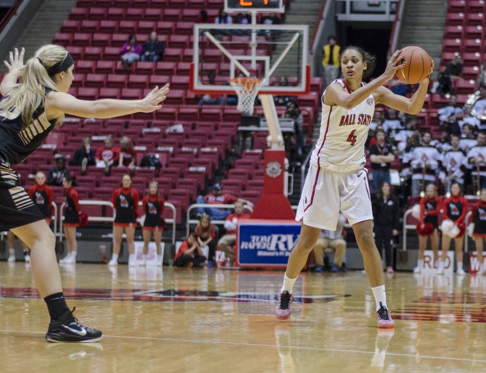 Junior forward Nathalie Fontaine looks for a teammate to pass the ball to during the game against Oakland on Dec. 6 at Worthen Arena. DN PHOTO BREANNA DAUGHERTY