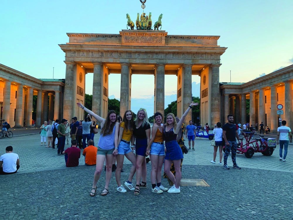 Baer (center) and her roommates visit the Brandenburg Gate in Berlin, Germany during her summer 2019 study abroad trip.  The Brandenburg Gate is now a symbol of European peace and unity. Gwen Baer, Photo Provided