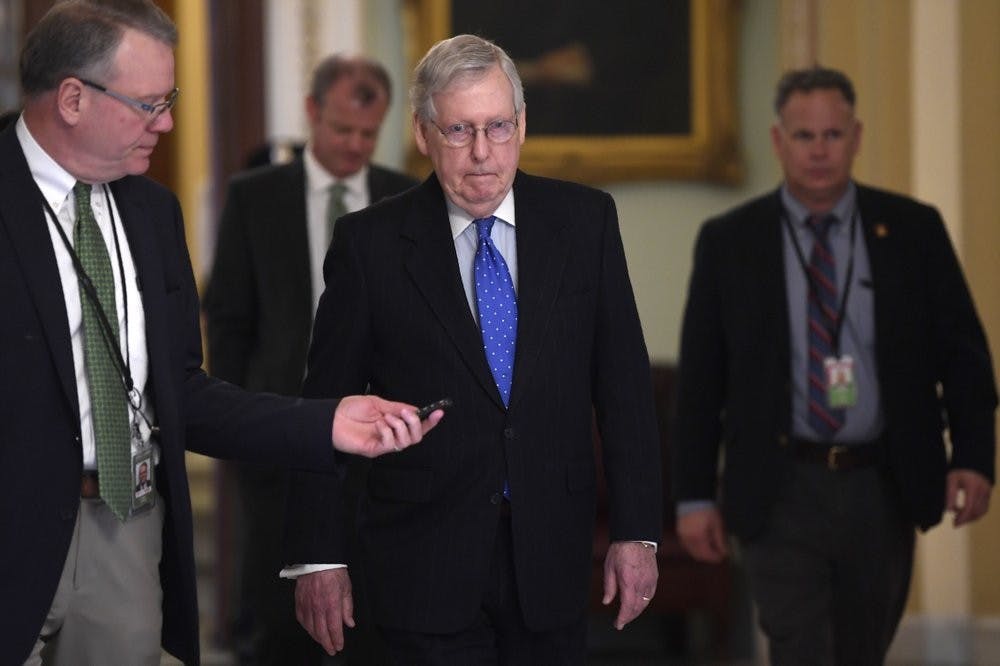 <p>Senate Majority Leader Mitch McConnell of Ky., walks back to his office on Capitol Hill in Washington, Tuesday, March 17, 2020. <strong>(AP Photo/Susan Walsh)</strong></p>