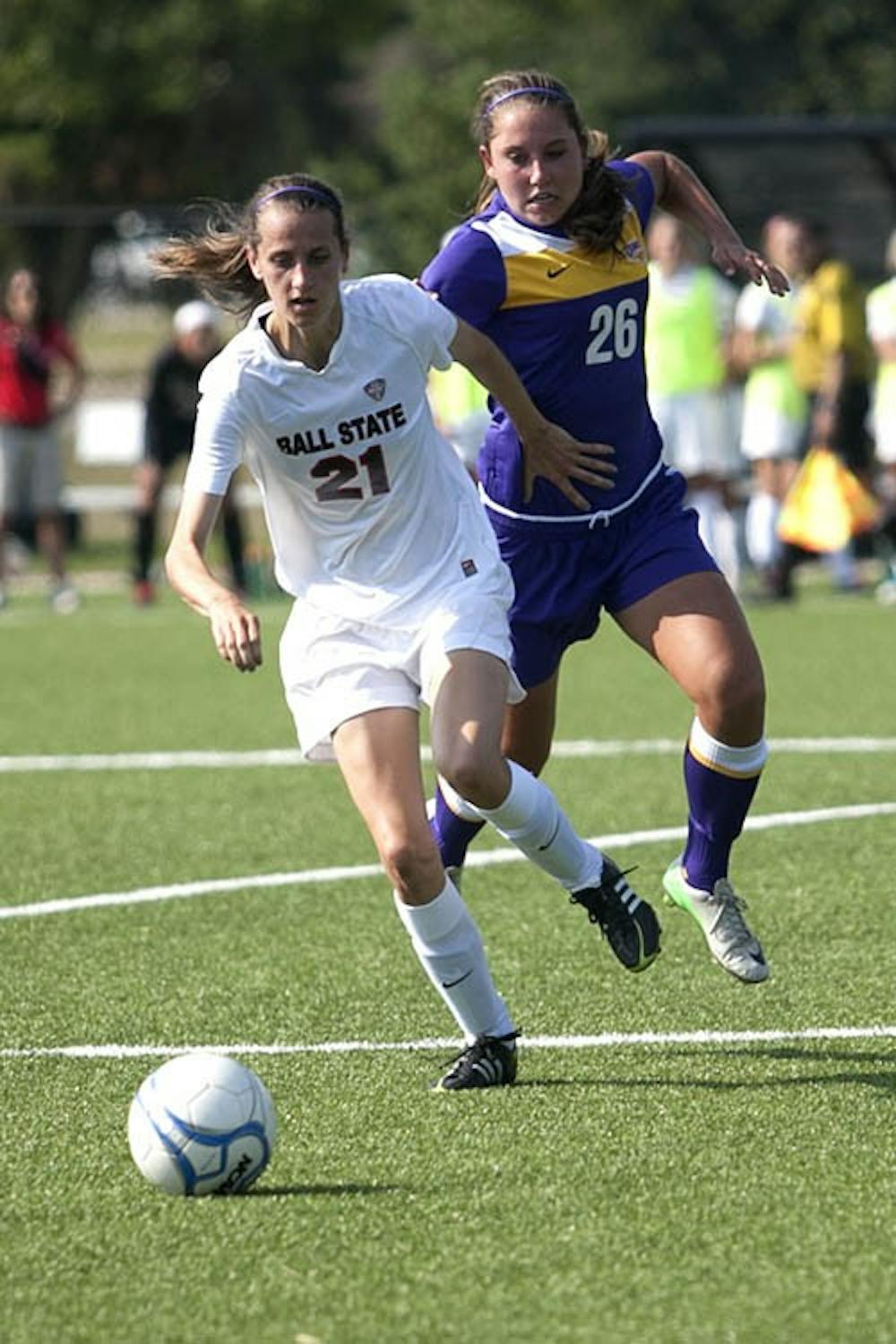 Junior Victoria Jacobs dribbles toward Northern Iowa’s defense during the game Friday. Jacobs played all 180 minutes in the two games over the weekend for Ball State’s 2-0 start. DN PHOTO JORDAN HUFFER.