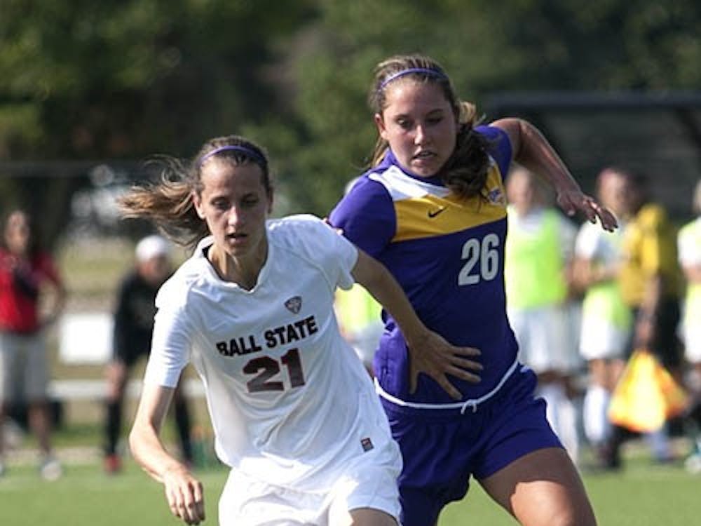 Junior Victoria Jacobs dribbles toward Northern Iowa’s defense during the game Friday. Jacobs played all 180 minutes in the two games over the weekend for Ball State’s 2-0 start. DN PHOTO JORDAN HUFFER.