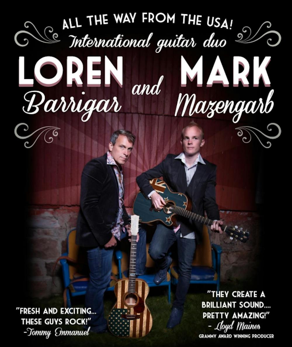 <p>Internationally known acoustic guitarists Loren and Mark will perform at Pruis Hall tonight. They perform a mixture of pop, country, bluegrass and jazz. Loren Barrigar and Mark Mazengarb, Photo Courtesy</p>