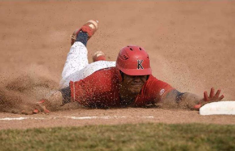 Then-sophomore Jett McGowan dives into third base for a triple March 27, 2019, at Kankakee Community College. McGowan had two hits in the Cavaliers' 10-8 victory. Jett McGowan, Photo Provided