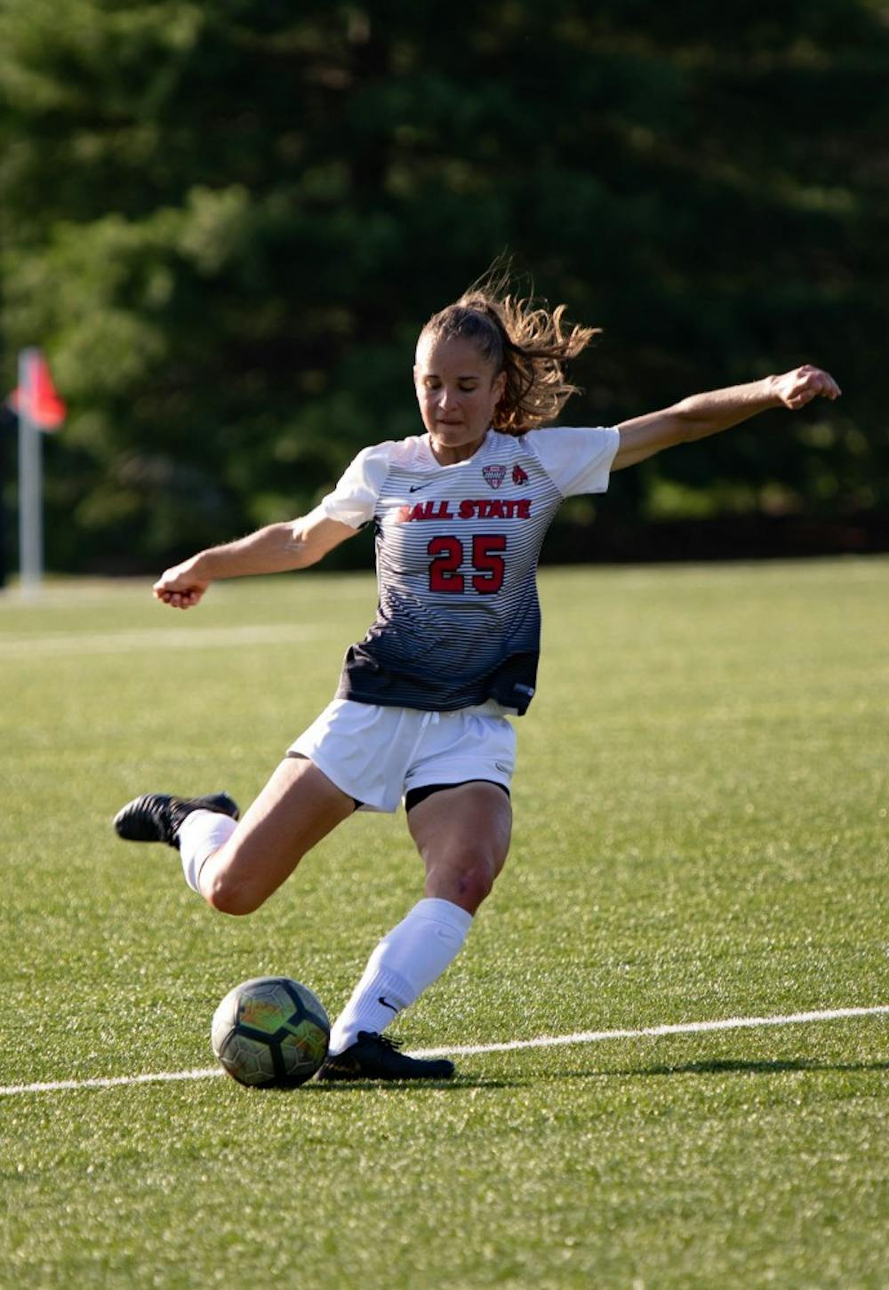 <p>Senior Defender Yela Ziswiler kicks the ball during the second half of the game Thursday, Aug. 28, 2019 at Briner Sports Complex. &nbsp;Ball State Woman's soccer team defeated Illinois State University 1-0. <strong>Rebecca Slezak, DN</strong></p>