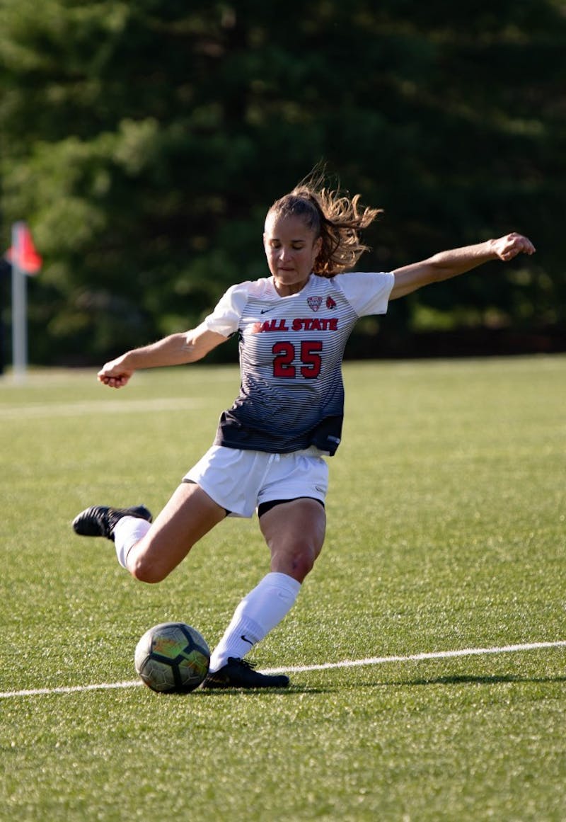 Senior Defender Yela Ziswiler kicks the ball during the second half of the game Thursday, Aug. 28, 2019 at Briner Sports Complex. &nbsp;Ball State Woman's soccer team defeated Illinois State University 1-0. Rebecca Slezak, DN