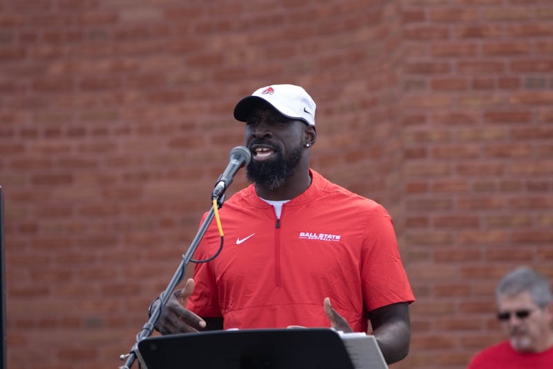 Former Ball State Football player Wendell Brown speaks in Charlietown outside Scheumann Stadium Oct. 19, 2019. Brown started 28 of 47 games during his Ball State career, missing his senior year due to injury. Jacob Musselman, DN
