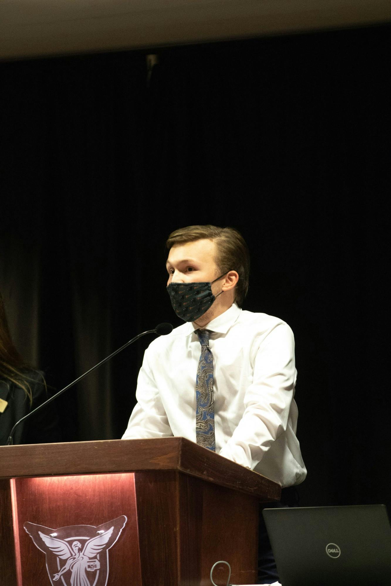 Brian Truell, At-Large Caucus elect, speaks to the Student Government Association (SGA) Nov. 3, 2021. At the meeting, SGA voted Truell in, discussed a proposal to grant ROTC students priority registration and considered a budget request to create a community garden at the Scheidler Apartments. Eli Houser, DN