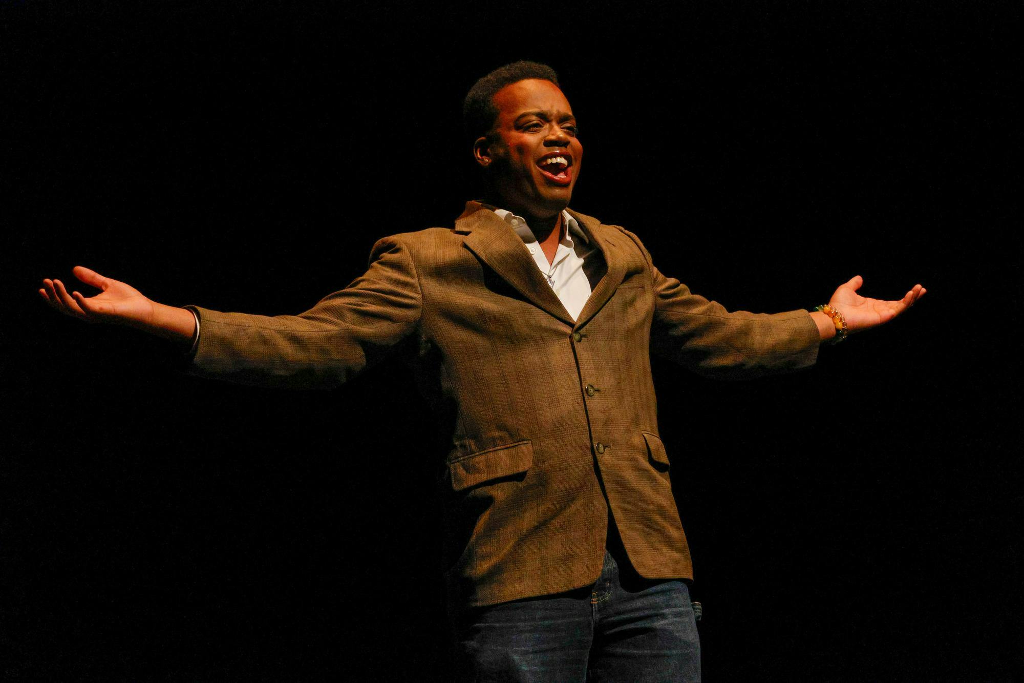 Jarius performs in The SpongeBob Musical April 2023 at the University Theatre. Newman is keen on acknowledging the people who helped him hone his talent. Kip Shawger, Photo Provided