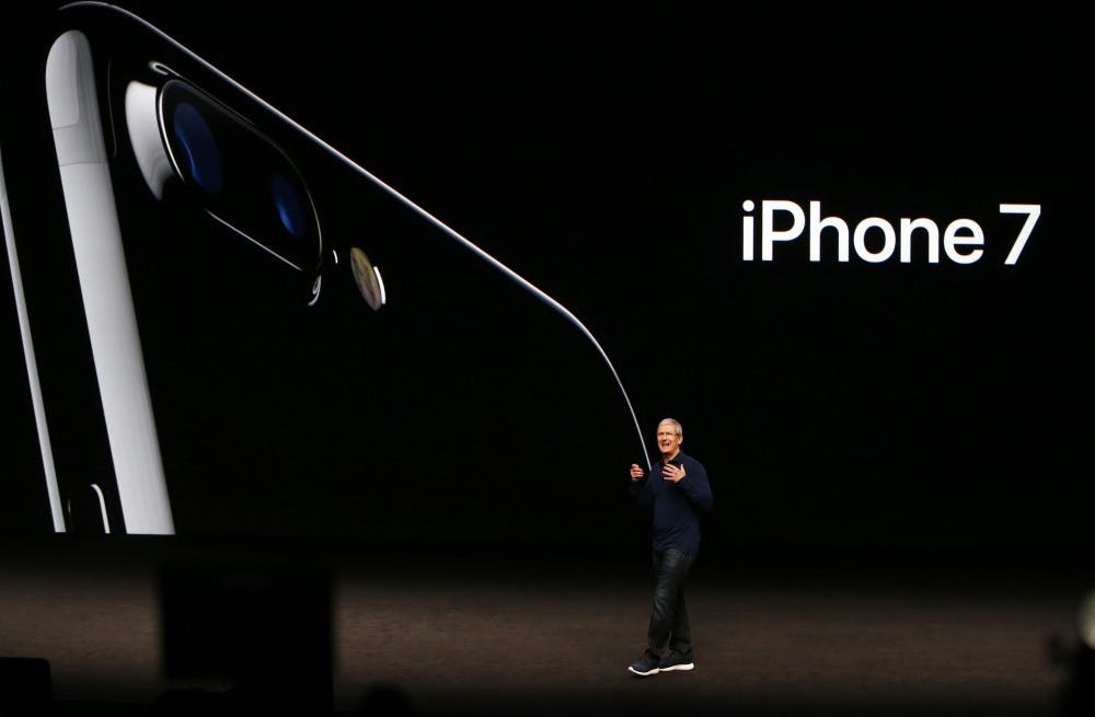 Apple CEO Tim Cook introduces the iPhone 7 at the product launch held at the Bill Graham Civic Auditorium in San Francisco on Wednesday, Sept. 7, 2016. (Gary Reyes/Bay Area News Group/TNS)