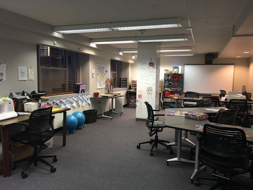 <p>The makerspace on the seventh floor of Studebaker West allows early and elementary education majors to collaborate with other pre-service teachers while learning how to use new technologies. The space provides tools like dry-erase walls, a sewing machine and a Smart Board.&nbsp;<em>Mary Freda // DN&nbsp;</em></p>