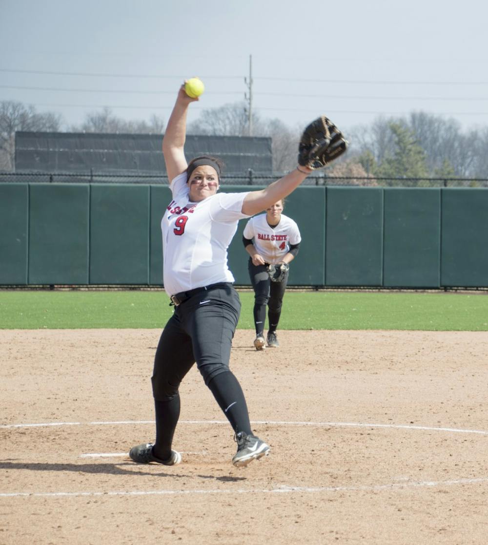 Junior pitcher Nicole Steinbach pitches the ball during the first game of the double header against Western Kentucky at First Merchants Ballpark Complex on March 21. DN PHOTO ALAINA JAYE HALSEY