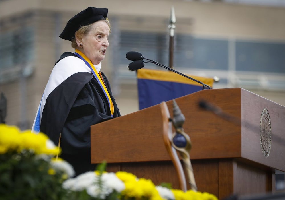 Madeleine Albright, former U.S. Secretary of State and the first female to hold that position in U.S. history, delivers the UC San Diego commencement address during an all campus commencement ceremony held at RIMAC Field on the campus, Saturday, June 15, 2019 in San Diego, Calif. (Howard Lipin/San Diego Union-Tribune/TNS)