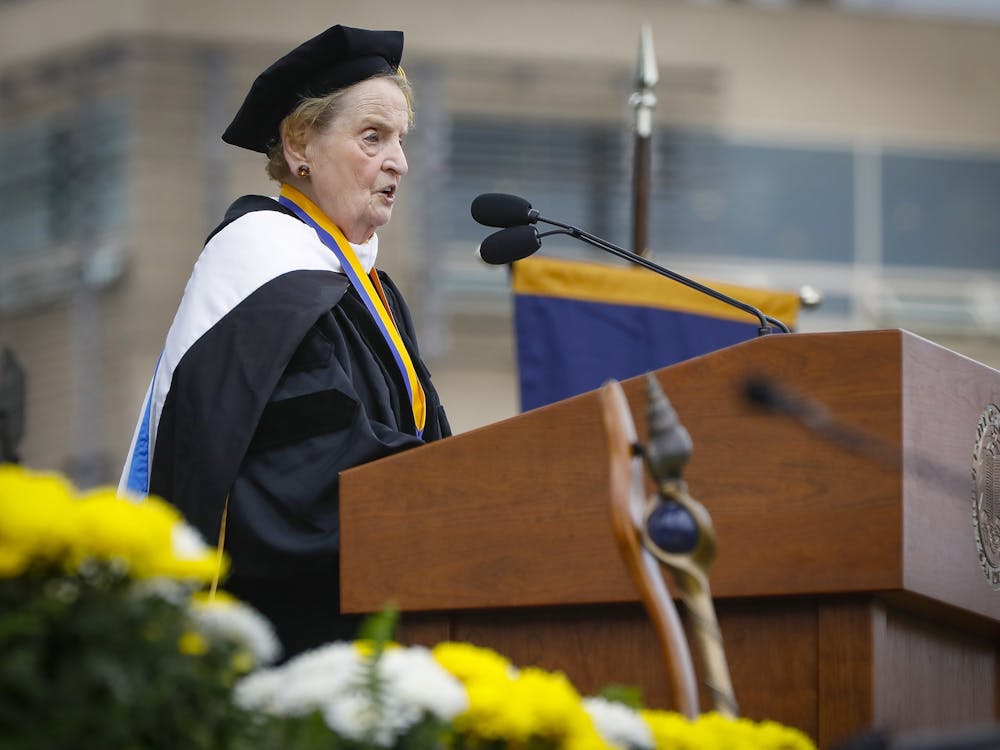 Madeleine Albright, former U.S. Secretary of State and the first female to hold that position in U.S. history, delivers the UC San Diego commencement address during an all campus commencement ceremony held at RIMAC Field on the campus, Saturday, June 15, 2019 in San Diego, Calif. (Howard Lipin/San Diego Union-Tribune/TNS)