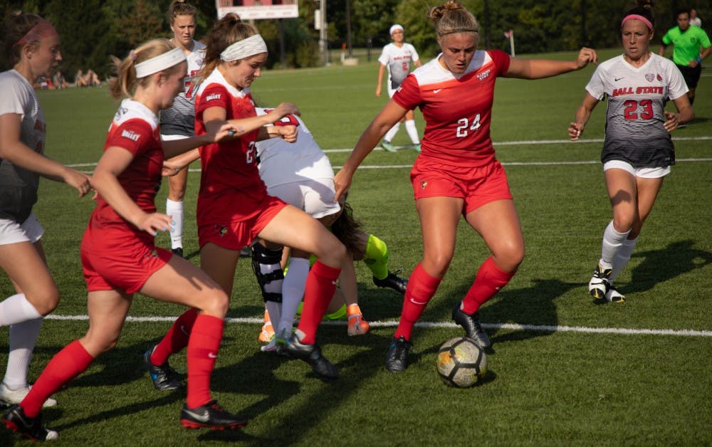 <p>Junior Defender Allissa Ramsden takes possession of the ball after a scramble during the game, Thursday, Aug. 28, 2019 at Briner Sports Complex. &nbsp;Ball State Woman's soccer team defeated Illinois State University 1-0. <strong>Rebecca Slezak, DN</strong></p>