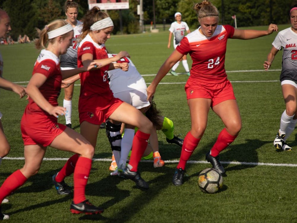 Junior Defender Allissa Ramsden takes possession of the ball after a scramble during the game, Thursday, Aug. 28, 2019 at Briner Sports Complex. &nbsp;Ball State Woman's soccer team defeated Illinois State University 1-0. Rebecca Slezak, DN