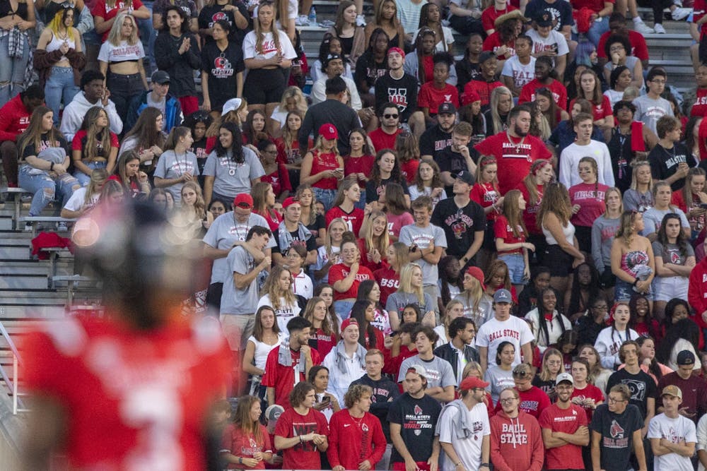 The Ball State student section watches as the Cardinals take on Western Illinois University Sept. 2, 2021, at Scheumann Stadium. The Cardinals beat the Leathernecks 31-21 in their home opener. Jacob Musselman, DN